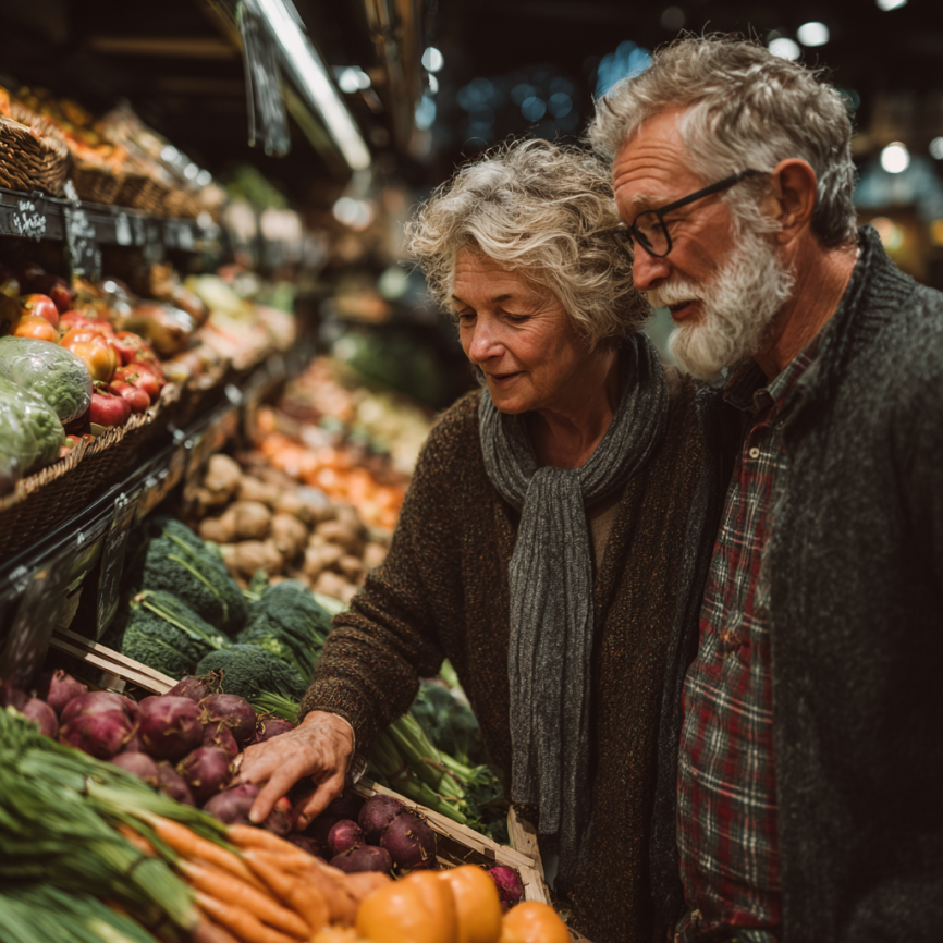 Літня пара готує здорову їжу